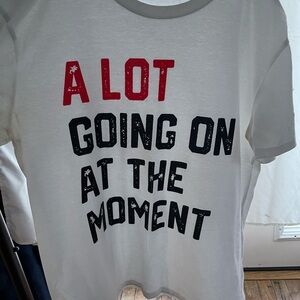 Graphic White T-Shirt with Red and Black Text